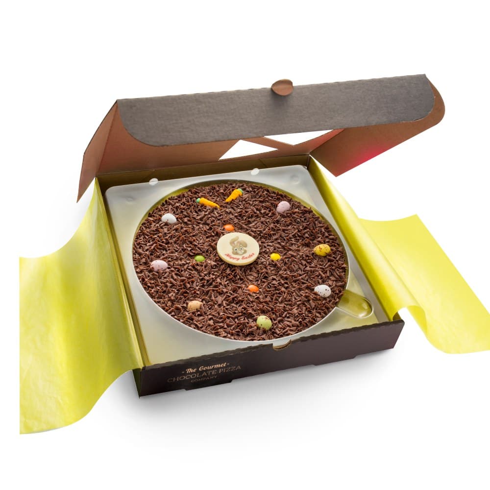 10 inch Easter Chocolate Pizza presented in our stylish black pizza boxes